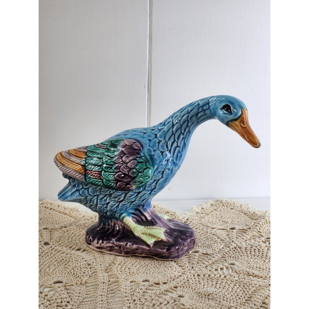 Vintage Duck Figurine Tilso Japan Ceramic Majolica Hand Painted Granny Cottage